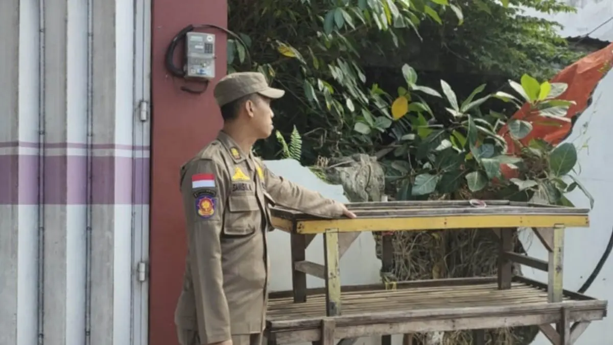 Anggota Satpol PP melakukan penertiban lapak dan properti milik PKL yang ditinggalkan di trotoar dan bahu jalan di Desa Gentengkulon, Kecamatan Genteng, Senin (6/7). (Salis Ali/Radar Banyuwangi)