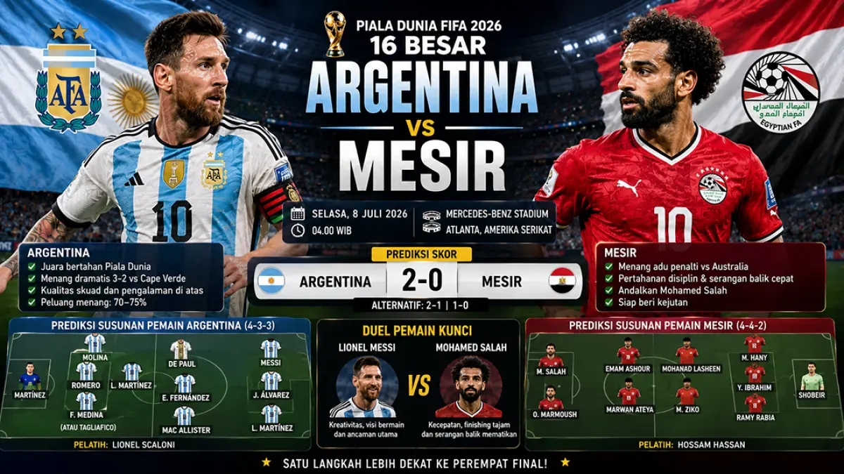 Argentina vs Mesir: Adu magis Messi dan Salah di babak 16 besar Piala Dunia 2026. (ChatGPT)