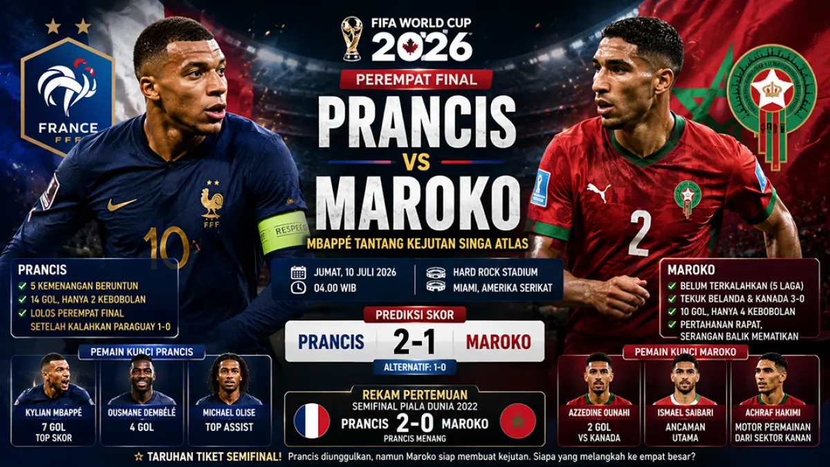 Prancis vs Maroko, adu tajam Mbappé dan Hakimi berebut tiket semifinal Piala Dunia 2026. (Ilustrasi ChatGPT)