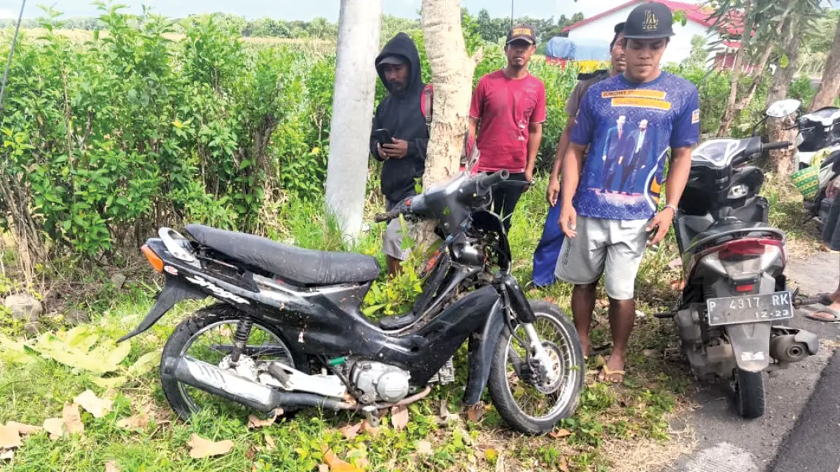 Kondisi sepeda motor yang dikemudikan korban usai menabrak pohon di Tikungan Bok Putih, Desa Kesilir, Kecamatan Siliragung, Kamis (9/7). (Basori for Radar Banyuwangi)