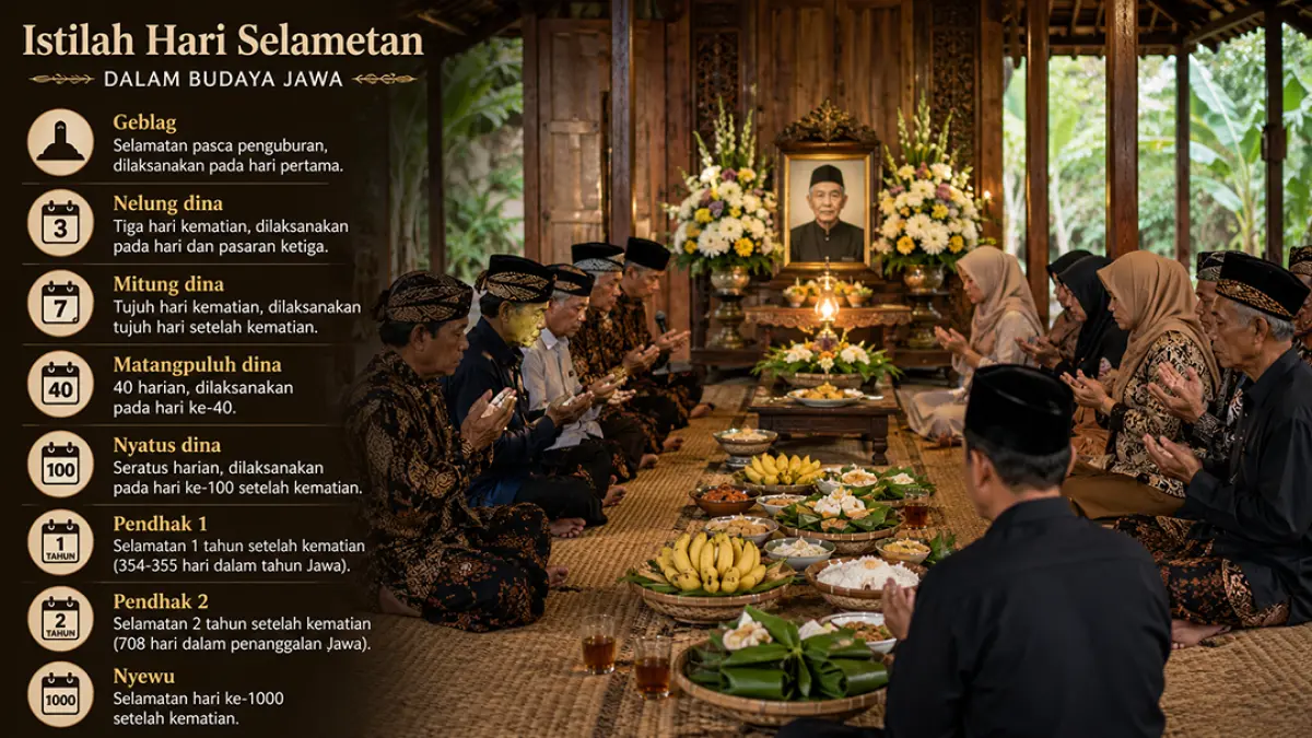 Hari selametan budaya Jawa: Urutan geblag sampai nyewu bagi anggota keluarga yang meninggal dunia. (ChatGPT)