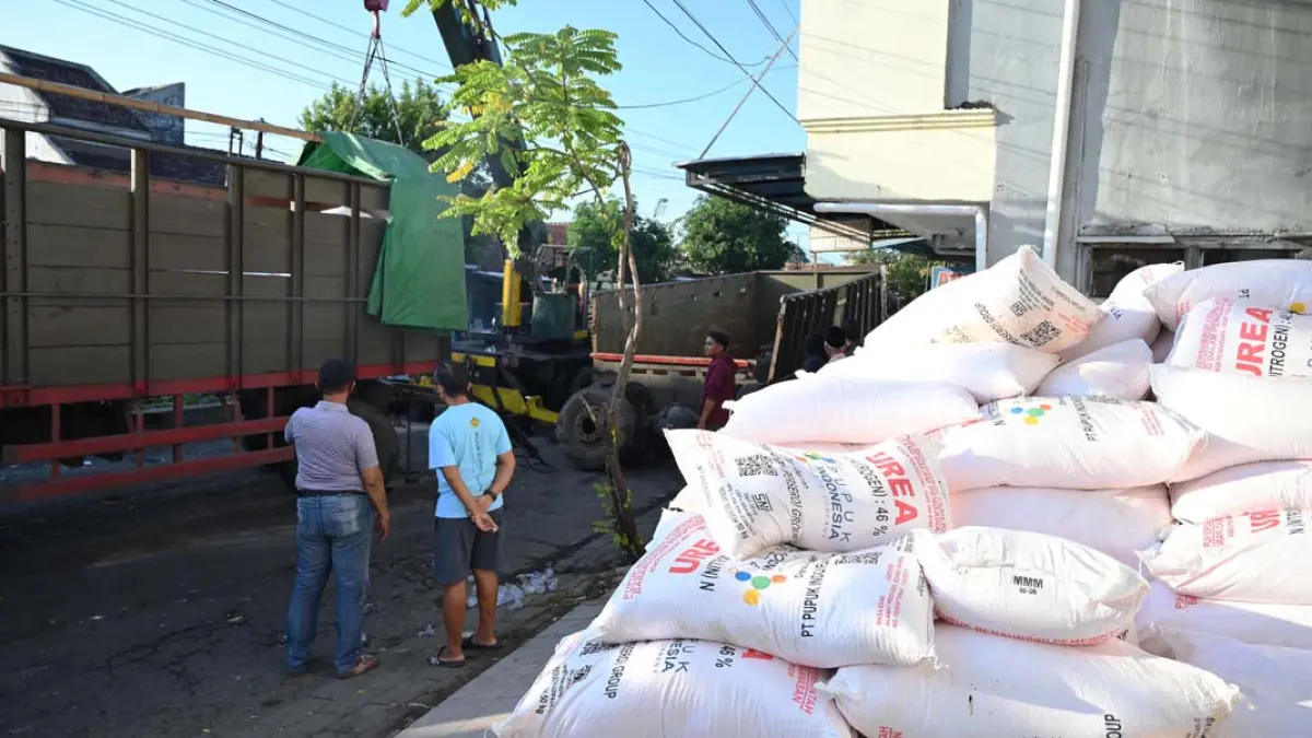 KEBUTUHAN PETANI: Karung berisi pupuk ditumpuk di tepi jalan raya dekat traffic light Penataban, Giri, Jumat pagi (10/4). Pupuk tersebut ditumpuk sebelum dievakuasi pasca truk pengangkutnya terguling. (Ramada Kusuma/Radar Banyuwangi)