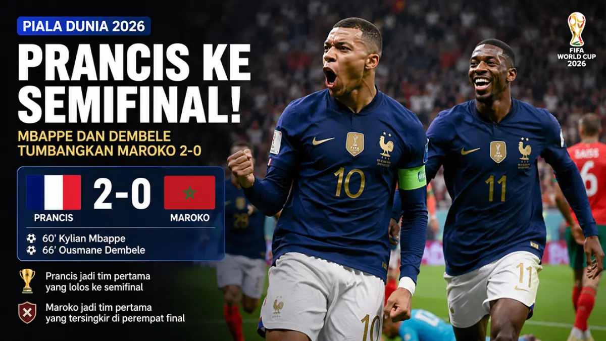 Prancis ke semifinal Piala Dunia 2026, Mbappe dan Dembele akhiri perlawanan Maroko. (ChatGPT)