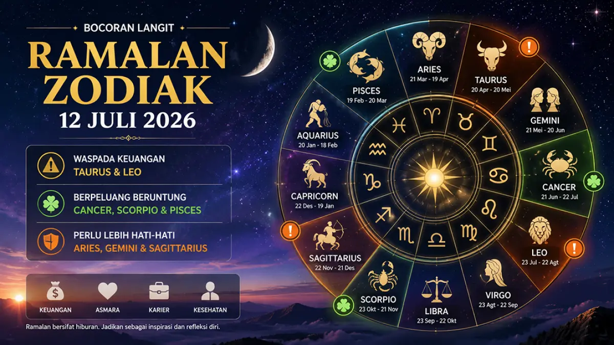 Bocoran Langit Zodiak 12 Juli 2026: Taurus dan Leo Diminta Waspada, Cancer hingga Pisces Diprediksi Beruntung. (Ilustrasi ChatGPT)