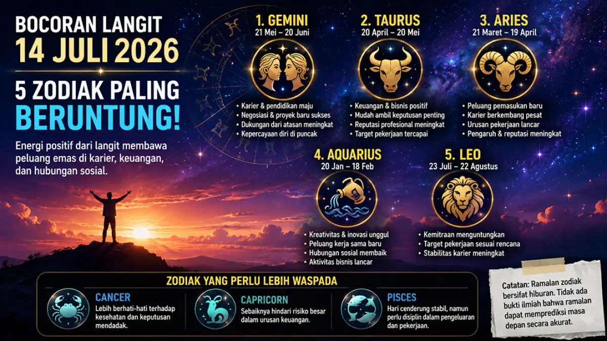 Langit sedang berpihak! Ini 5 zodiak paling beruntung pada 14 Juli 2026 menurut astrologi China. (ChatGPT)