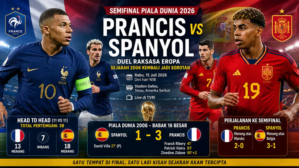 Prancis vs Spanyol di semifinal Piala Dunia 2026, sejarah duel 2006 kembali menghantui La Furia Roja. (ChatGPT)