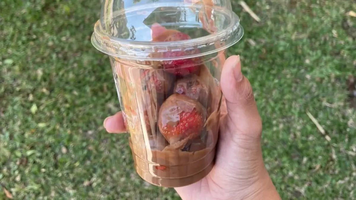 Strawberry leleh cokelat menjadi camilan yang sedang tren berkat perpaduan rasa segar stroberi dan manisnya cokelat. (Desi untuk Radar Banyuwangi)