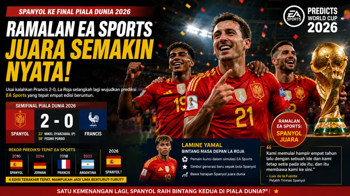 EA Sports ramalkan Spanyol juara, kini La Roja sudah berada di Final Piala Dunia 2026. (ChatGPT)
