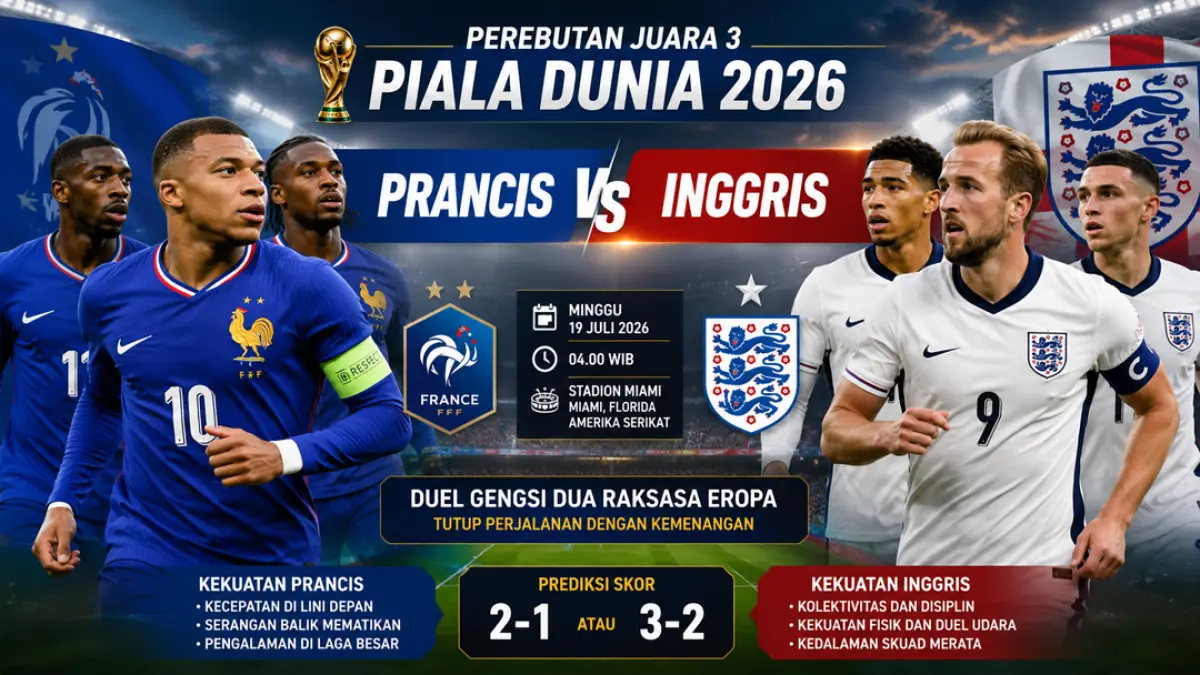 Prediksi Prancis vs Inggris: Adu gengsi dua raksasa Eropa di perebutan juara 3 Piala Dunia 2026. (ChatGPT)