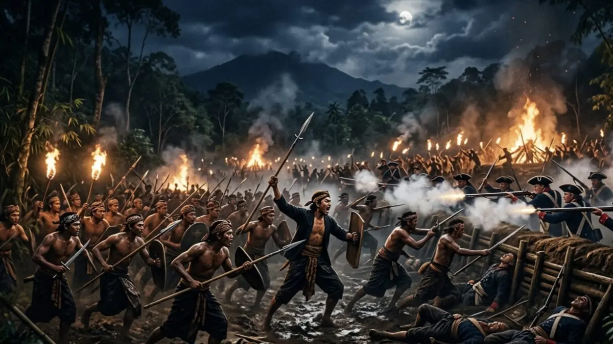 Perang Puputan Bayu pada 18 Desember 1771 menjadi puncak perlawanan rakyat Blambangan terhadap VOC. (Ilustrasi Gemini AI)