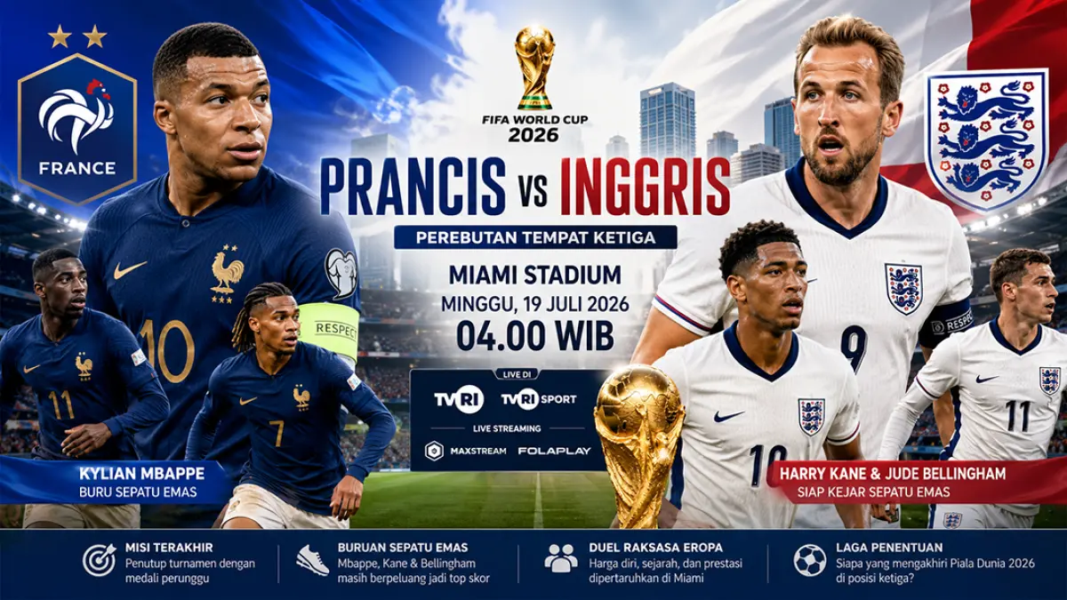 Prancis dan Inggris berebut medali perunggu Piala Dunia 2026. Duel di Miami juga menjadi panggung Mbappe, Kane, dan Bellingham memburu Sepatu Emas. (ChatGPT)