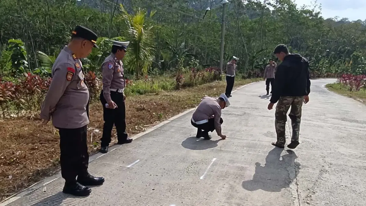Kanit Gakkum Satlantas Polresta Banyuwangi Ipda Tri Pepri Alfiyan bersama anggotanya melakukan olah tempat kejadian perkara kecelakaan tabrak lari di Jalan Raya Sukomade, Sungailembu, Sumberagung, Pesanggaran, Jumat malam (18/7). (Ipda Pepri for Radar Banyuwangi)