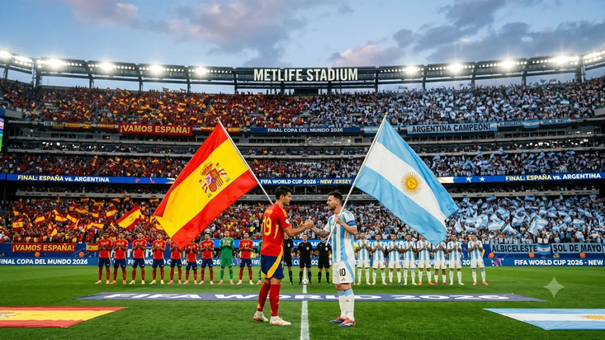 Ilustrasi final Piala Dunia 2026 antara Spanyol dan Argentina. (Gemini AI)
