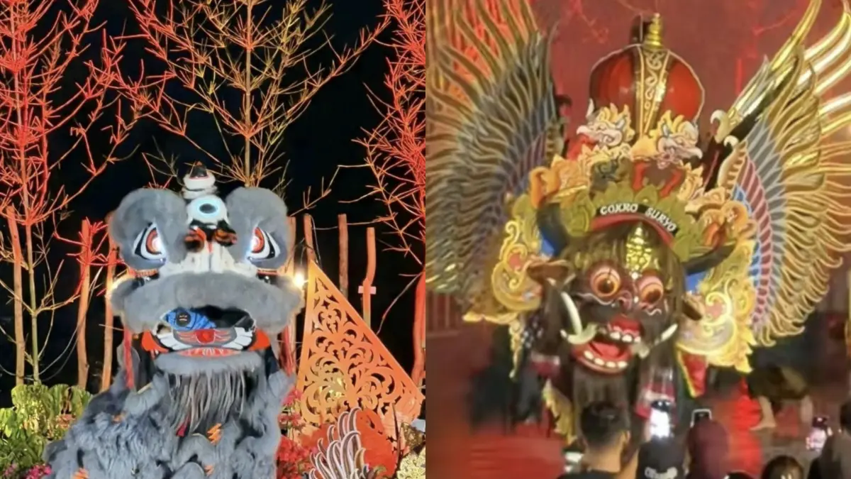 Kolaborasi Barong Banyuwangi dan Barongsai memukau penonton di Agro Wisata Tamansuruh, Glagah. (hennhands)