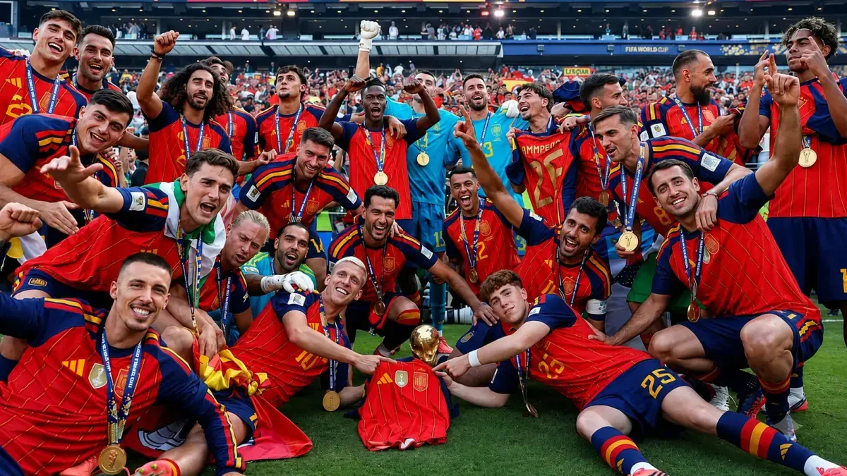 JUARA SEJATI: Skuad Spanyol berfoto bersama Trofi Piala Dunia FIFA 2026 setelah menaklukkan Argentina 1-0 pada final di Stadion New York New Jersey, Amerika Serikat, Minggu (19/7/2026) waktu setempat. (Foto: FIFA)