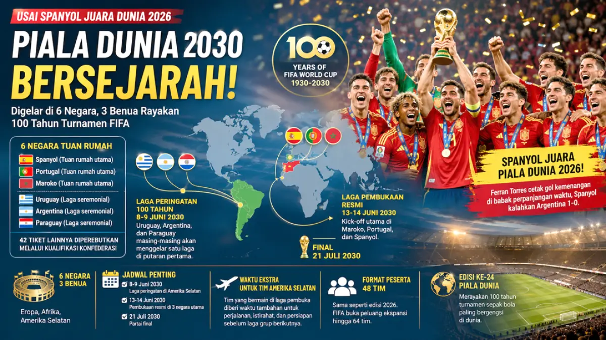 Piala Dunia 2030 pecahkan rekor dan sejarah baru, bakal Digelar di 3 benua dan 6 negara. (ChatGPT)
