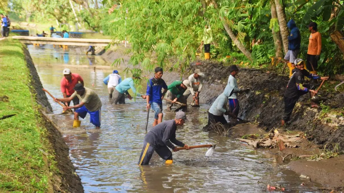 Puluhan warga mengikuti program padat karya Dinas PU Pengairan Banyuwangi di saluran irigasi Desa Sambimulyo, Kecamatan Bangorejo, Selasa (22/7). Selain bertujuan membersihkan sedimen, program ini membuka lapangan kerja bagi masyarakat prasejahtera. (Zamrozi Wahyu/Radar Banyuwangi)