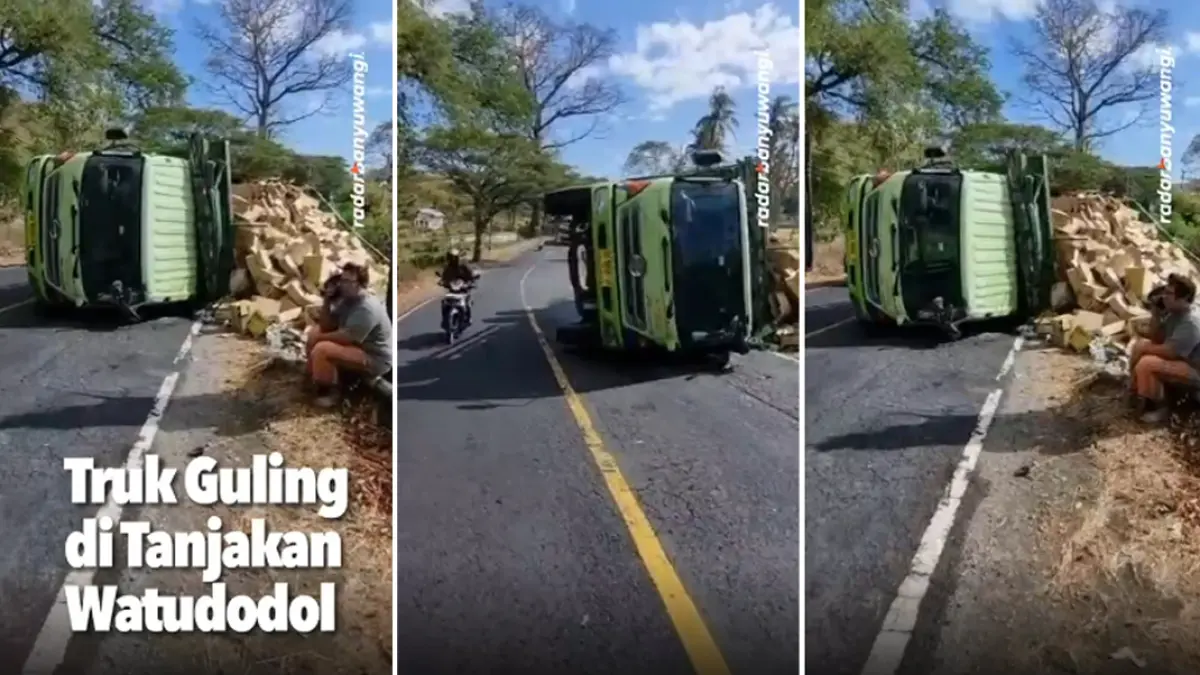 Truk tronton bermuatan minuman terguling di tanjakan Watudodol Banyuwangi, polisi berlakukan buka-tutup arus. (Tangkapan Layar IG @Radar Banyuwangi)