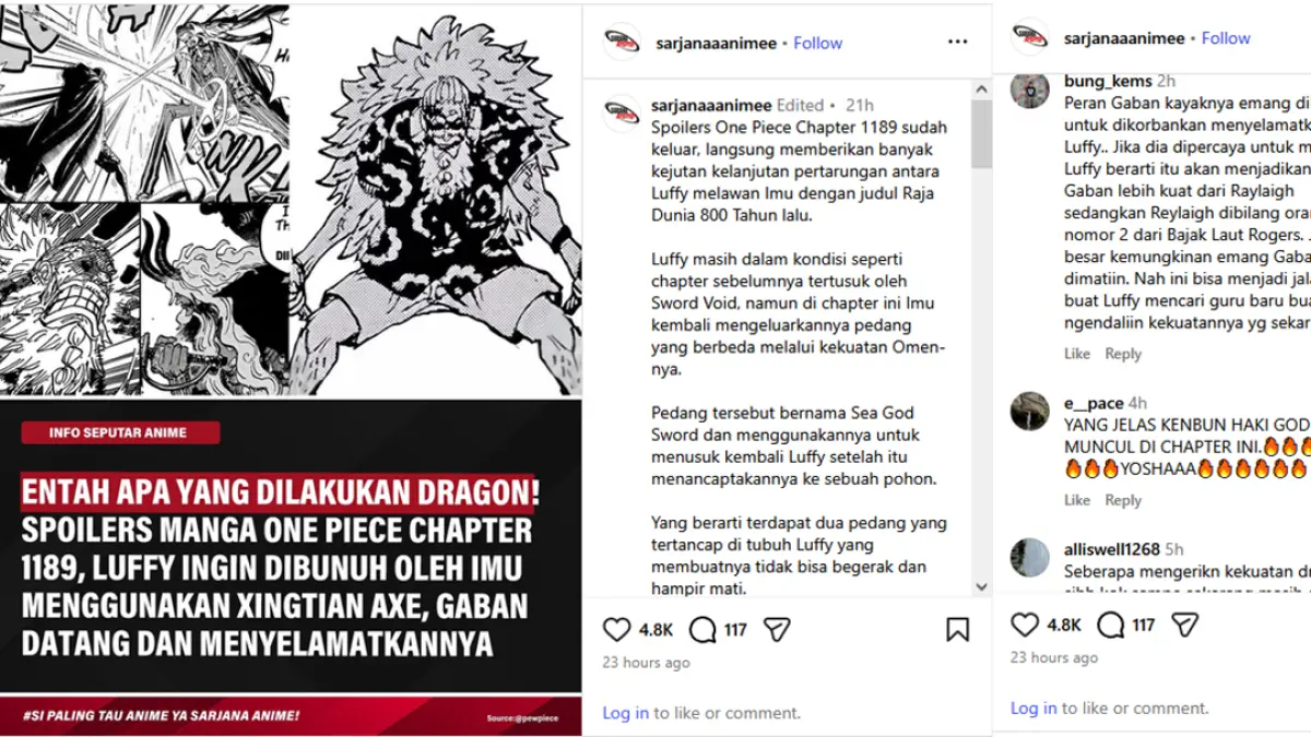 Dua pedang menancap di tubuh Luffy, Gaban hadang Imu di One Piece 1189. (Instagram @sarjanaaanimee)