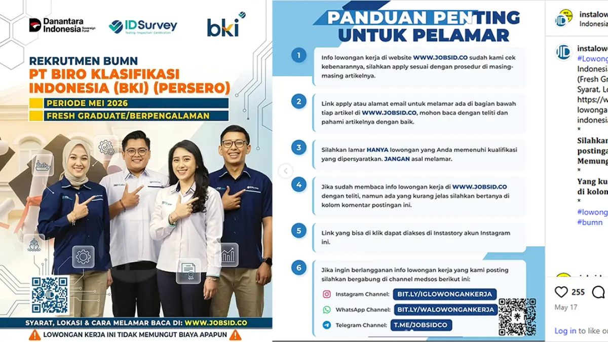 Lowongan Kerja BUMN BKI 2026: 3 Posisi Engineer Dibuka, Cek Syaratnya. (Instagram @instalowongan and jobsid.co)