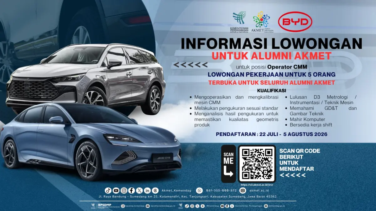 Lowongan Kerja BYD Auto Indonesia 2026 Dibuka, Cari Operator CMM untuk Alumni Akmet. (v3.akmet.ac.id)