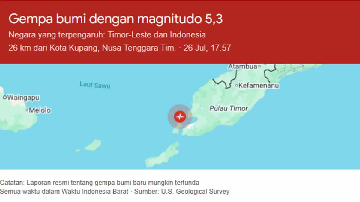 Kupang Diguncang Gempa M5,3, BMKG Catat Guncangan Terkuat Capai Skala V MMI. (Tangkapan Layar Google)