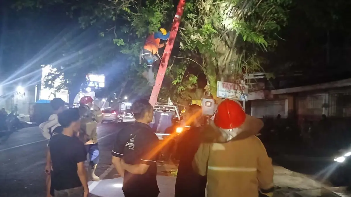 TERBAKAR: Petugas menangani kabel listrik yang terbakar di tepi jalan raya Desa/Kecamatan Rogojampi pada Jumat malam (31/7). (Damkarmat Banyuwangi)