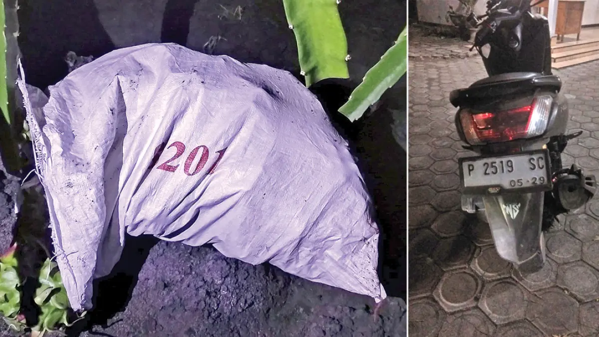 Sepeda motor yang diduga milik pencuri buah naga diamankan warga Desa Kalipait, Kecamatan Tegaldlimo, Sabtu malam (1/8). Selain motor, warga juga berhasil mengamankan satu karung buah naga yang ditengarai hendak digondol pencuri. (Darojat for Radar Banyuwangi)