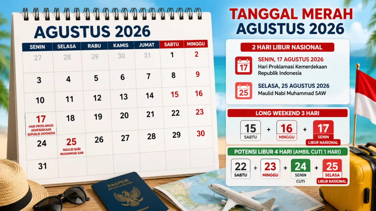 Tanggal merah Agustus 2026 menghadirkan long weekend saat HUT RI. Simak daftar libur nasional dan peluang libur empat hari pada Maulid Nabi. (Ilustrasi ChatGPT)