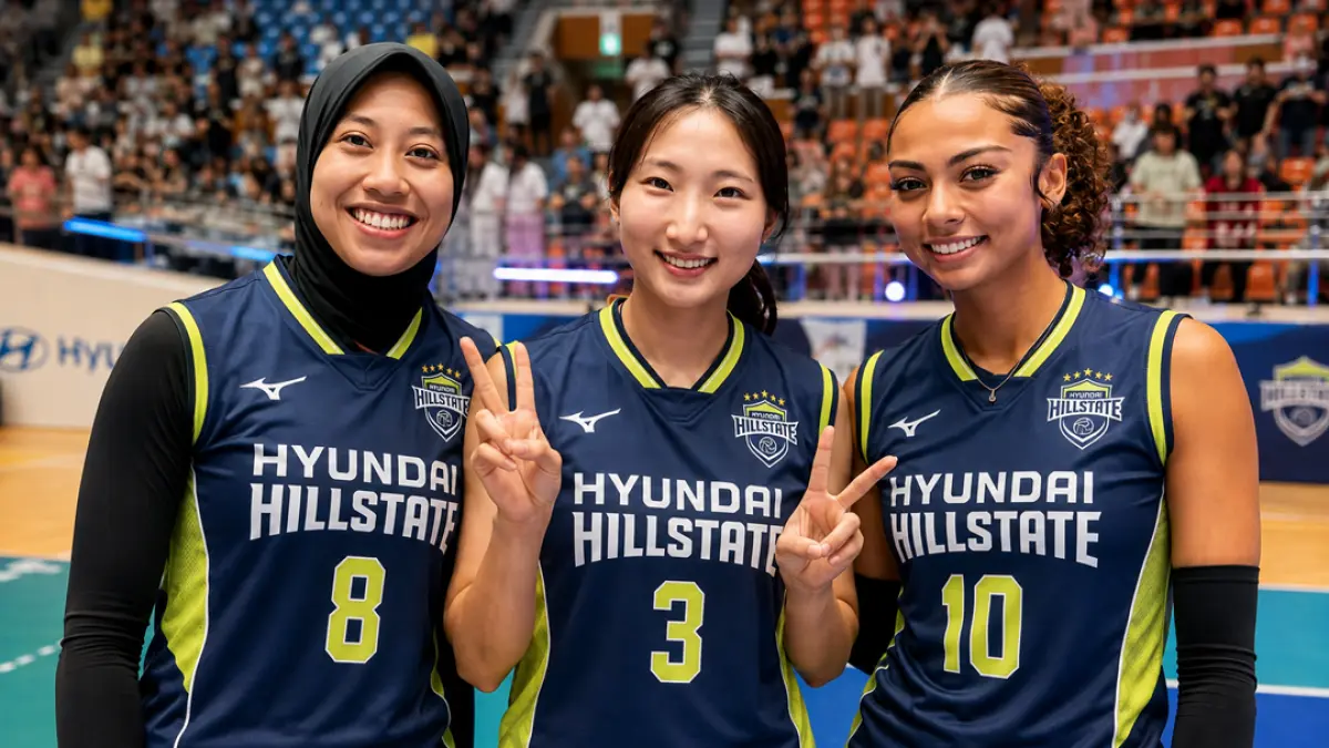 Trio MJJ Jadi Senjata Mematikan Hyundai Hillstate, Hitung-hitungan Peluang Megawati Cs Juara V-League 2026/2027. (Foto sumber: Instagram @hdecvolleyballteam, diolah jadi Ilustrasi via ChatGPT)