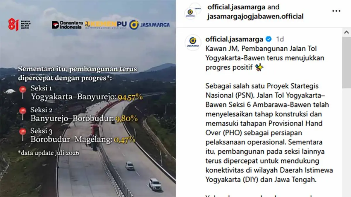 Tol Yogyakarta–Bawen Seksi 6 Rampung Konstruksi, Masuk Tahap PHO, Publik Kini Menanti Seksi 5. (Instagram @jasamargajogjabawen.official dan official.jasamarga)