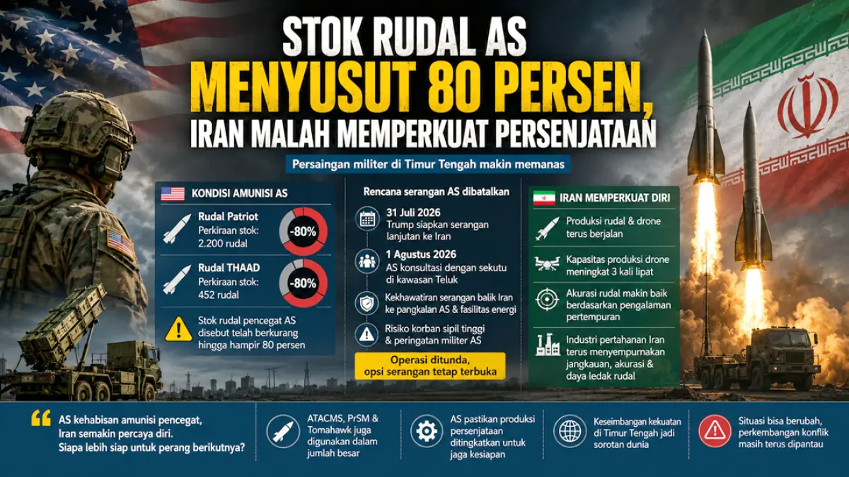 Stok rudal pencegat AS disebut menyusut hingga 80 persen saat Iran terus memperkuat persenjataan. Simak fakta dan dampaknya bagi konflik. (ChatGPT)
