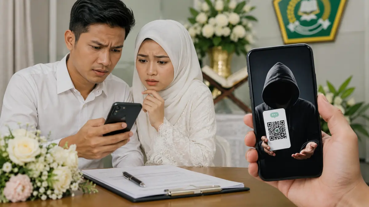 Kemenag Banyuwangi mengingatkan calon pengantin soal penipuan mengatasnamakan KUA. Pelaku meminta uang transport penghulu lewat QRIS atau transfer. (Ilustrasi ChatGPT)