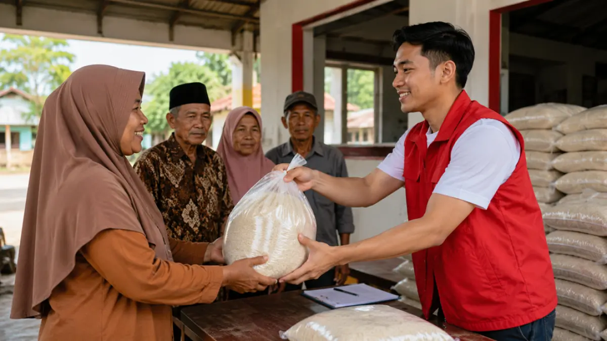 Bansos beras tahap 2 mulai 17 Agustus 2026 untuk 33,24 juta KPM. Kopdes Merah Putih disiapkan sebagai titik salur. Cek syarat dan caranya. (Ilustrasi ChatGPT)
