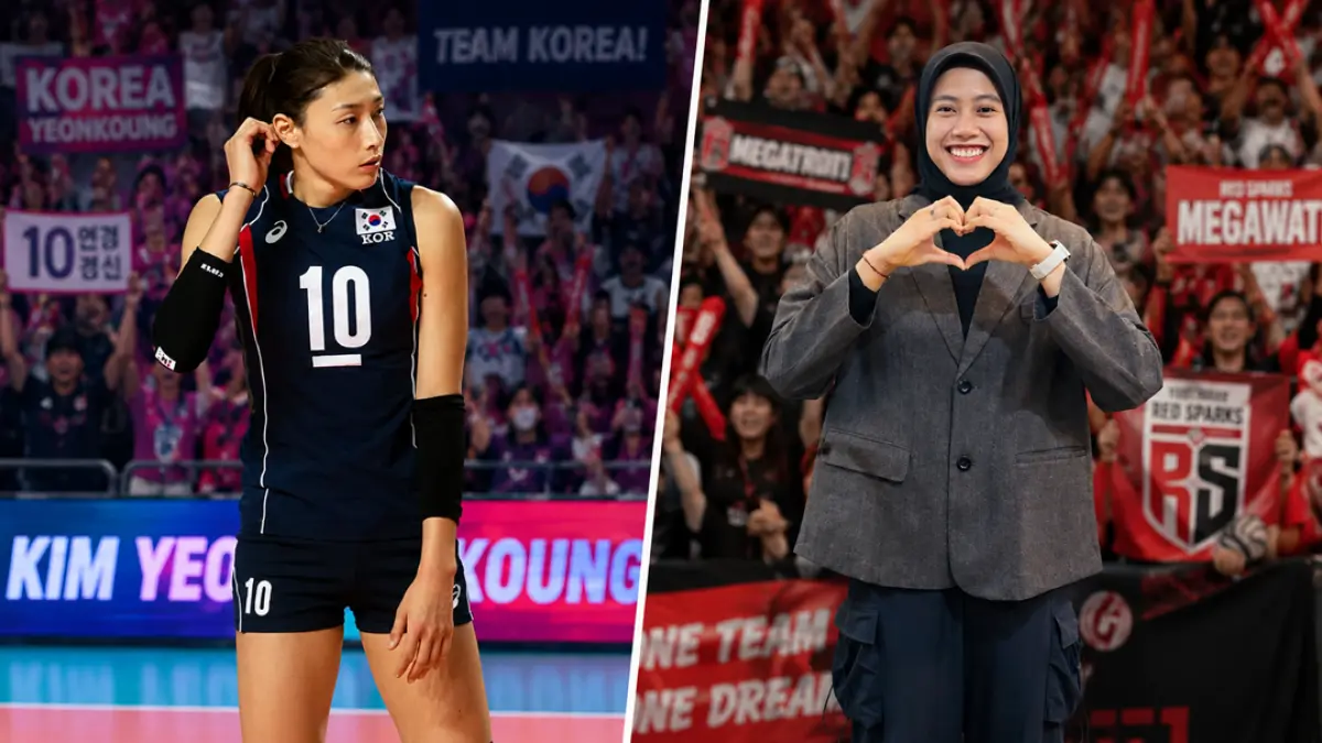 Kim Yeon-koung dan Megawati. Megawati Hangestri pernah disebut Kim Yeon-koung Indonesia. Kini, bersama Hyundai Hillstate, ia ditantang membuktikan kualitasnya di V-League. (Foto: Wikipedia & Pemkab Jember/Diolah ChatGPT)