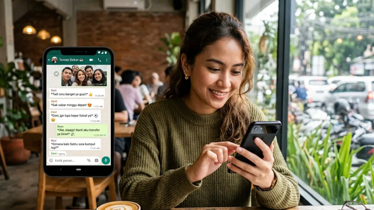 Ilustrasi pengguna WhatsApp saat berkomunikasi melalui percakapan grup. (Gemini AI)
