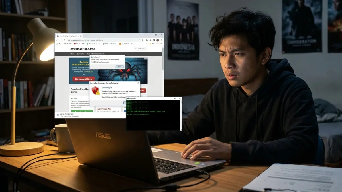 Ilustrasi software bajakan yang berpotensi menjadi pintu masuk malware ke perangkat pengguna. (Gemini AI)