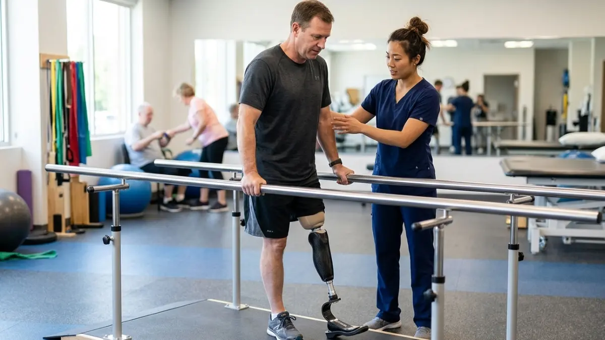 Pasien amputasi menjalani latihan rehabilitasi menggunakan prostesis. (Gemini AI)