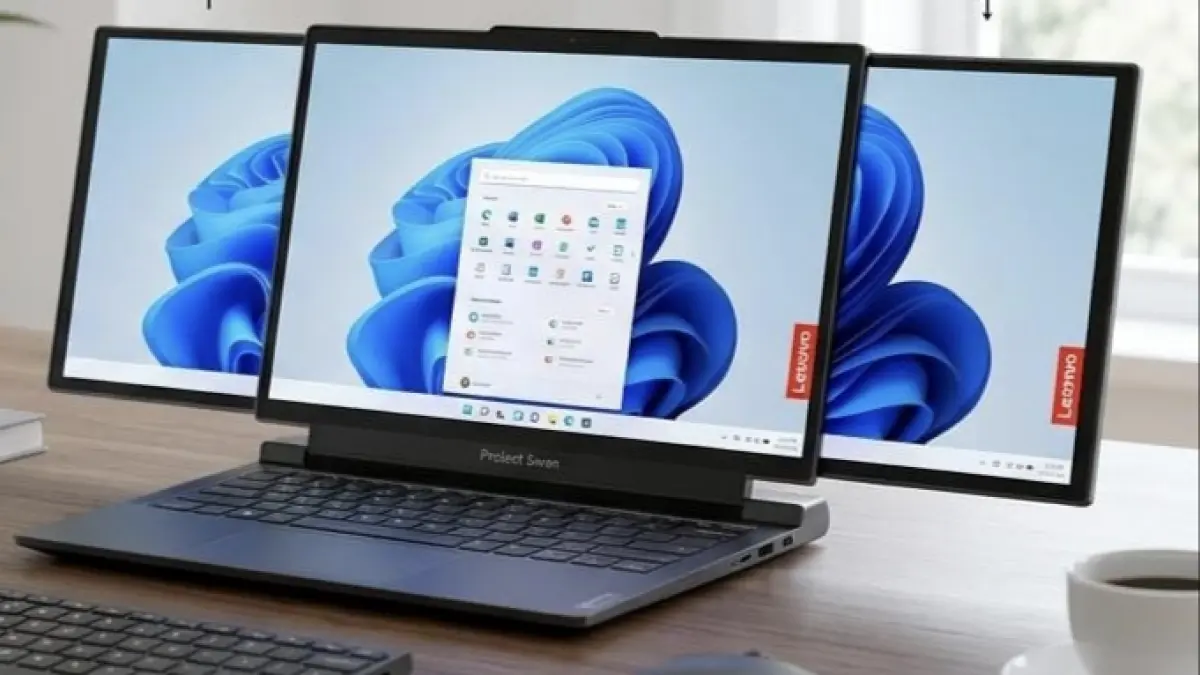 Ilustrasi konsep Lenovo Project Swan, laptop layar gulung yang dikabarkan dapat memperluas panel OLED secara horizontal ke kedua sisi. Perangkat tersebut masih berada dalam tahap awal pengembangan. (Gemini AI)