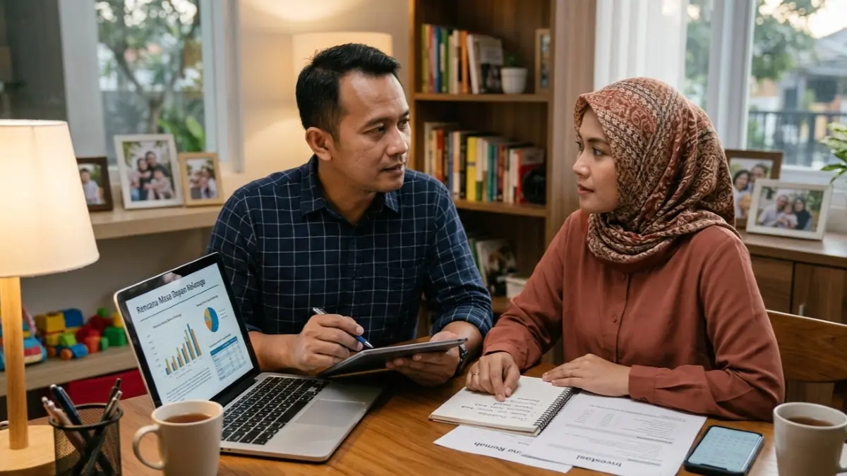 Ilustrasi pasangan suami istri berdiskusi mengenai kesiapan untuk membangun keluarga, termasuk kondisi finansial dan tanggung jawab pengasuhan anak. (Gemini AI)