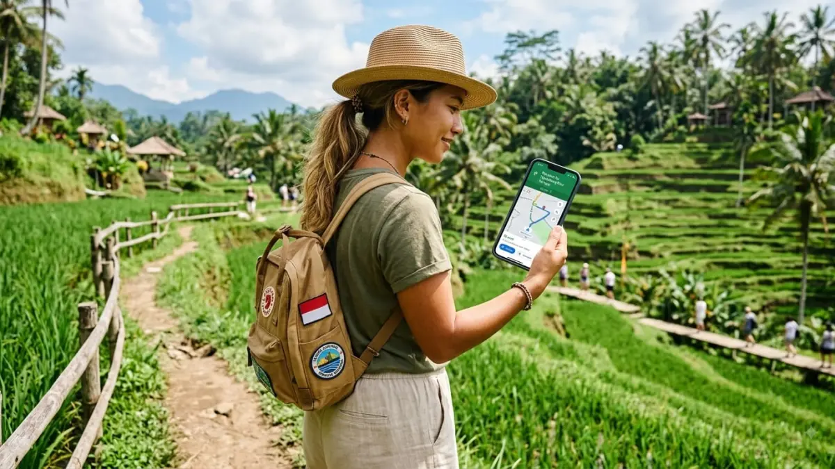 Ilustrasi pengguna memanfaatkan Google Maps untuk mencari lokasi dan merancang perjalanan. Fitur Ask Maps berbasis Gemini kini tersedia bagi pengguna di Indonesia. (Gemini AI)