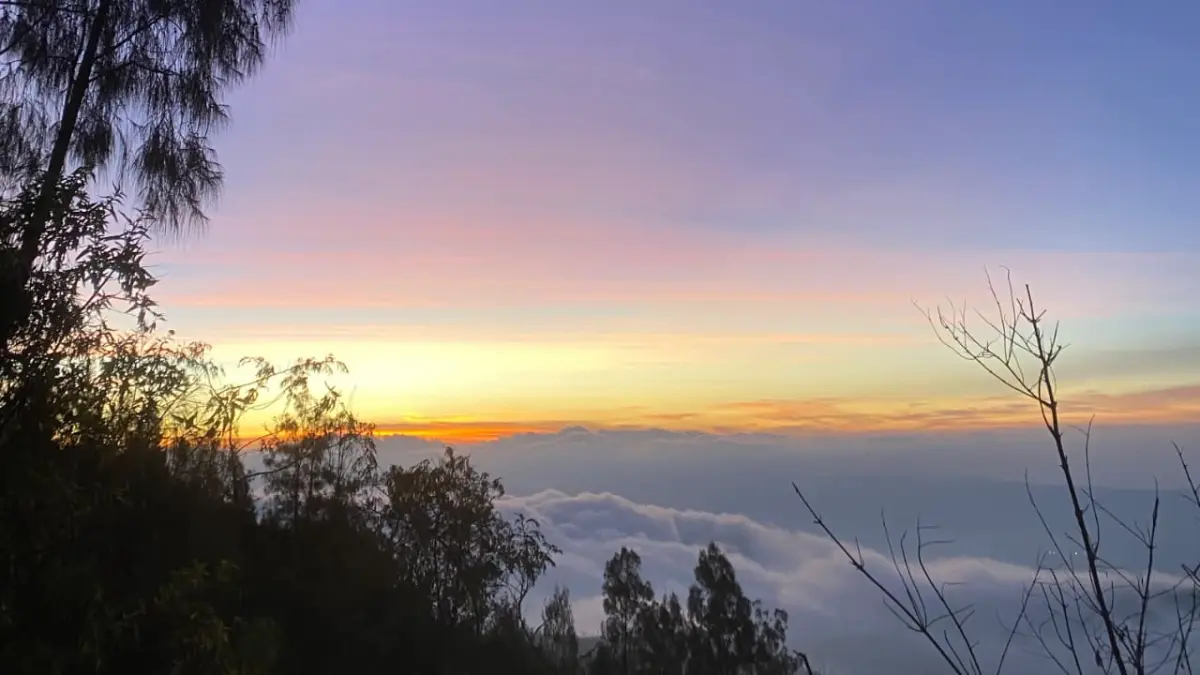 Pendaki melintasi jalur menanjak di Gunung Rante, kawasan perbatasan Banyuwangi-Bondowoso. Trek kering dan berpasir menjadi salah satu tantangan sebelum menikmati panorama awan serta sunrise dari kawasan puncak. (Rizkia untuk Radar Banyuwangi)