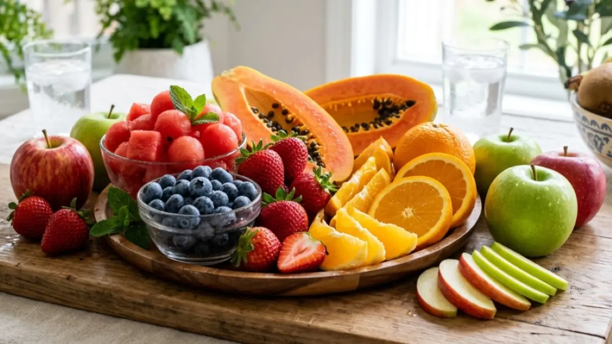 Pilihan buah seperti apel, semangka, pepaya, jeruk, dan buah beri dapat menjadi camilan dalam pola makan untuk membantu menjaga asupan tetap terkontrol. (Gemini AI)