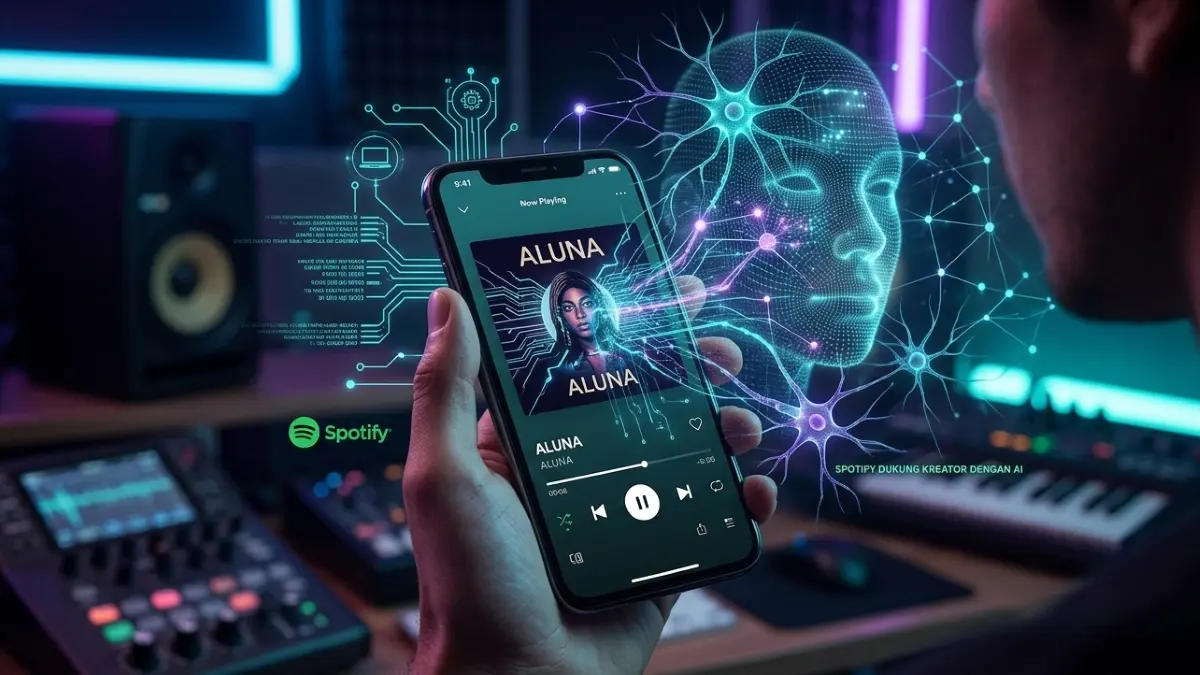 Spotify menyiapkan label khusus ‘AI Persona’ bagi kreator yang identitasnya sepenuhnya dihasilkan oleh kecerdasan artifisial. Kebijakan tersebut mulai diterapkan pada pertengahan September 2026. (Gemini AI)