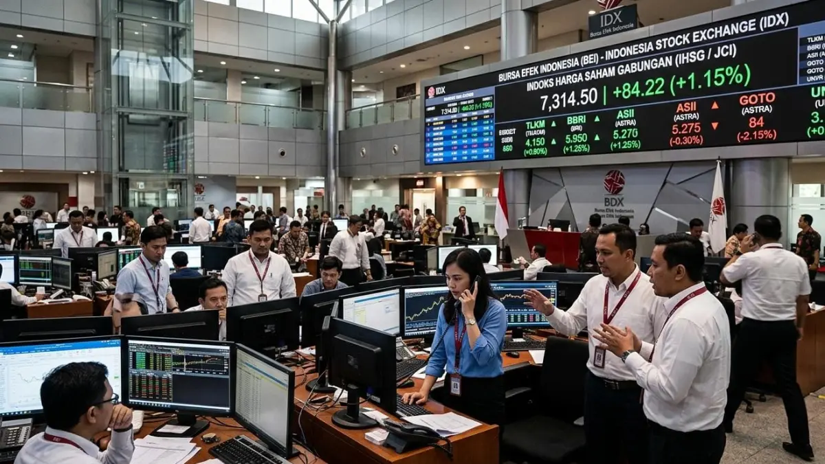 Aktivitas perdagangan saham di Bursa Efek Indonesia. Hasil review MSCI Agustus 2026 mengubah komposisi saham Indonesia dalam indeks global, termasuk keluarnya CPIN dan GOTO dari MSCI Global Standard Index. (Gemini AI)