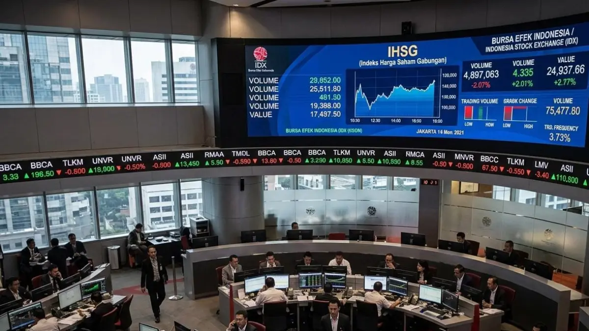 Aktivitas perdagangan saham di Bursa Efek Indonesia. IHSG bergerak melemah pada awal perdagangan Kamis (13/8) setelah investor mencermati hasil review MSCI serta sejumlah sentimen ekonomi dan geopolitik global. (Gemini AI)
