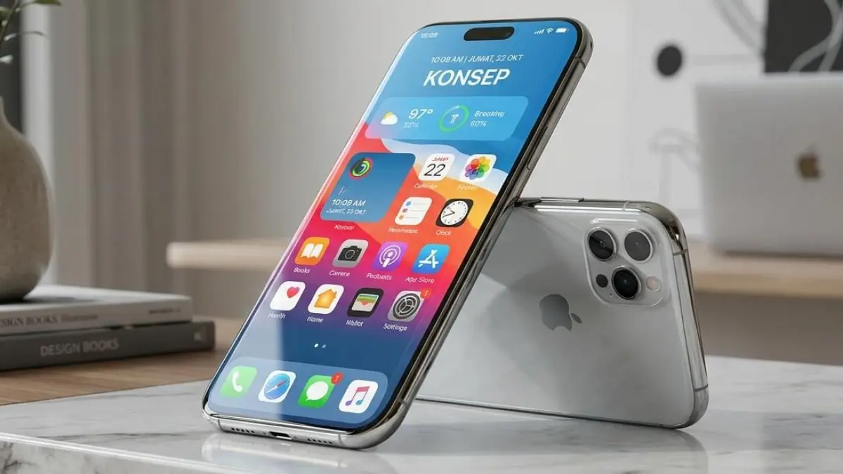 Ilustrasi konsep iPhone 20 dengan desain dominan kaca yang dikabarkan tengah disiapkan Apple untuk menandai 20 tahun kehadiran iPhone pada 2027. (Gemini AI)
