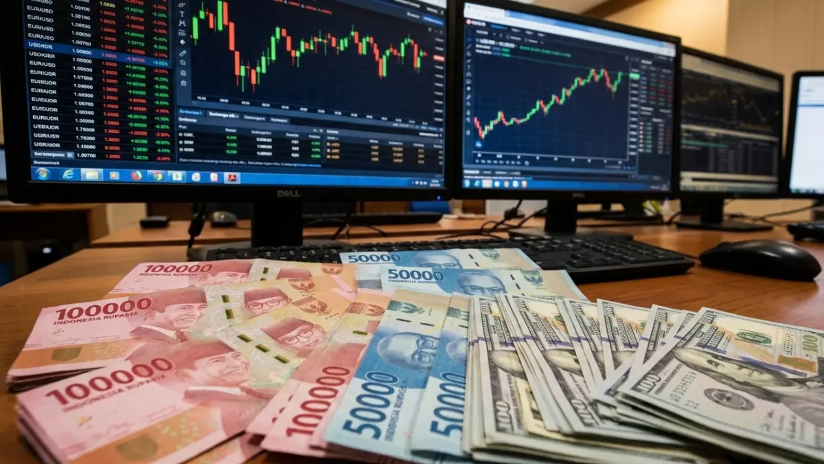 Ilustrasi rupiah dan dolar AS. Pergerakan rupiah masih dibayangi ketidakpastian geopolitik di Timur Tengah serta perubahan ekspektasi pasar terhadap kebijakan suku bunga Federal Reserve. (Gemini AI)