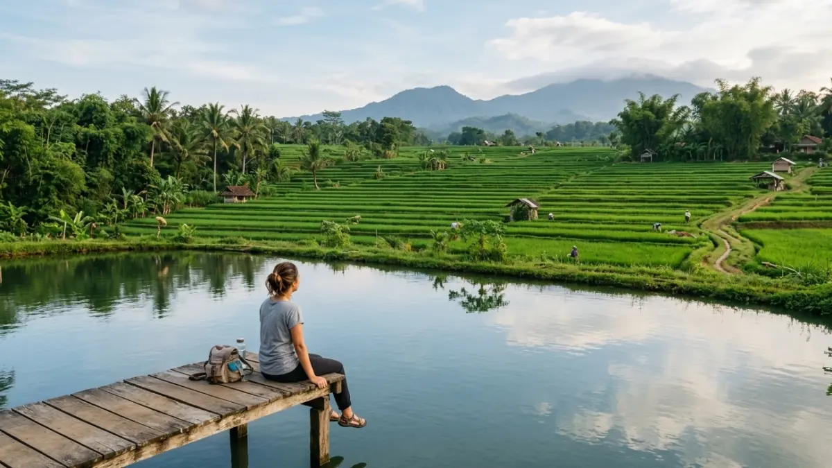 Menikmati panorama hijau persawahan dan ketenangan air menjadi salah satu cara sederhana untuk mengambil jeda dari rutinitas sekaligus membantu pikiran kembali rileks. (Gemini AI)