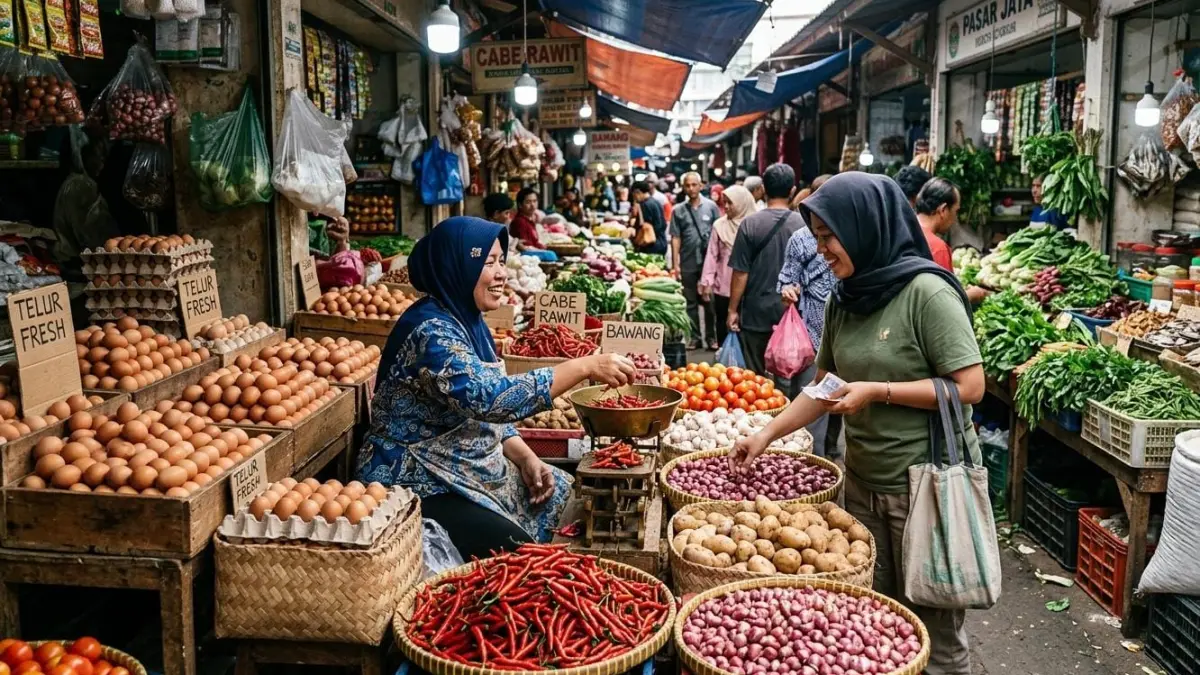 Pedagang menata komoditas pangan di pasar tradisional. Berdasarkan data PIHPS Nasional, harga cabai rawit merah mencapai Rp61.250 per kilogram dan telur ayam ras Rp27.050 per kilogram, Kamis (13/8). (Gemini AI)